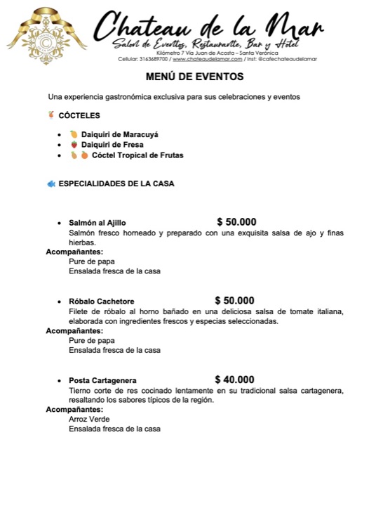 Primera página del menú de eventos 2026 de Chateau de la Mar